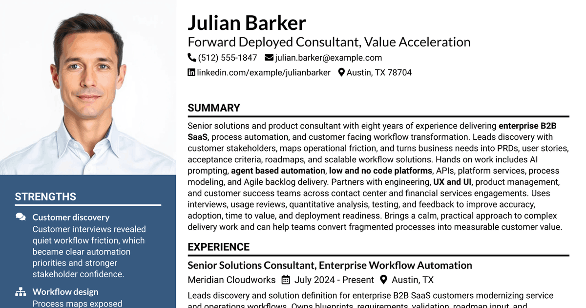 7 Forward Deployed Consultant / Senior Consultant (Value Acceleration) Resume Templates with Example