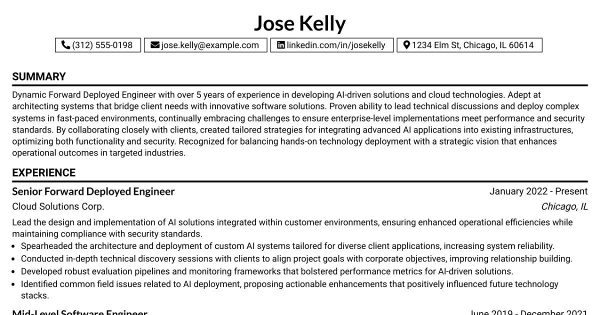 33 Forward Deployed Engineer III, Generative AI, Cloud Solutions Resume Templates with Example 2026 (ATS-Optimized)