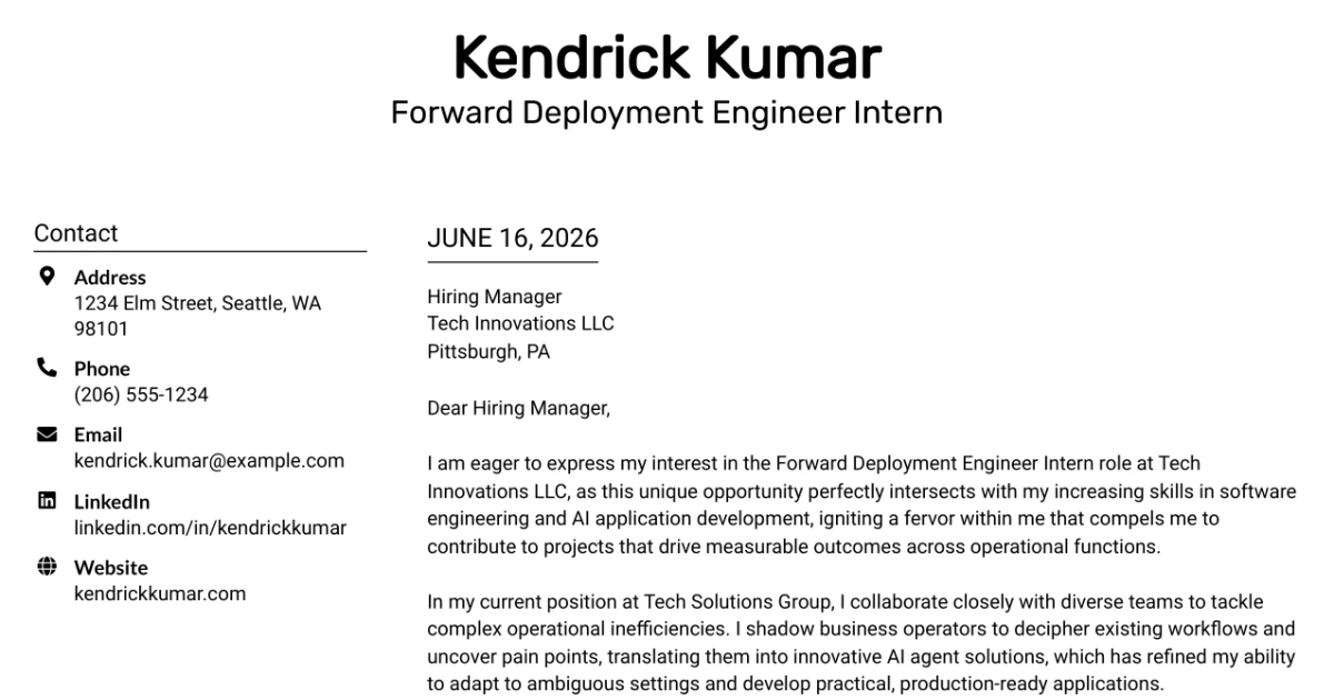 30+ Forward Deployment Engineer Intern Cover Letter Templates with Example 2026