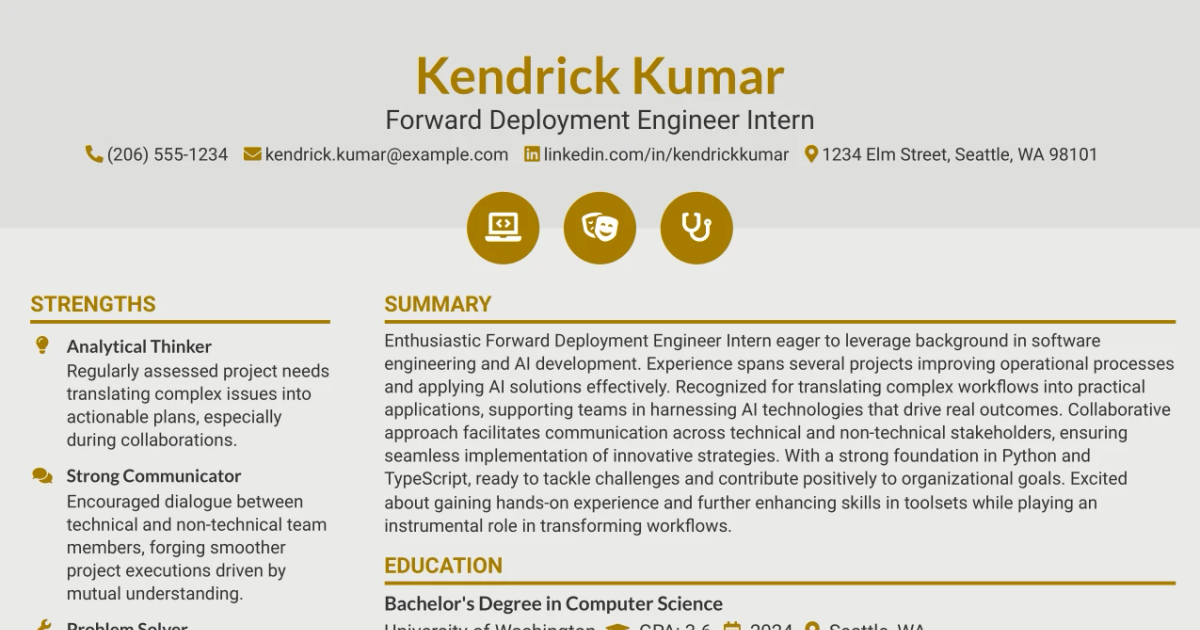 33 Forward Deployment Engineer Intern Resume Templates with Example 2026 (ATS-Optimized)