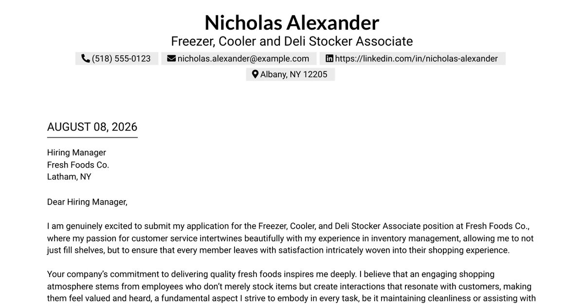 30+ Freezer, Cooler and Deli Stocker Associate Cover Letter Templates with Example 2026