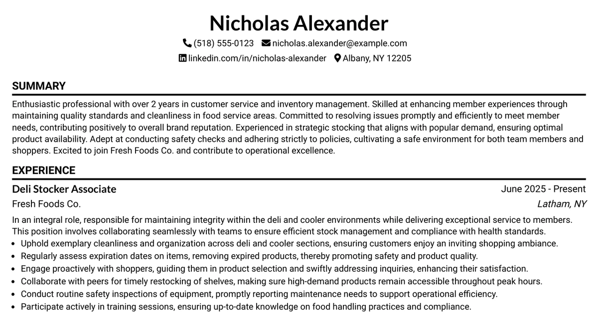 33 Freezer, Cooler and Deli Stocker Associate Resume Templates with Example 2026 (ATS-Optimized)