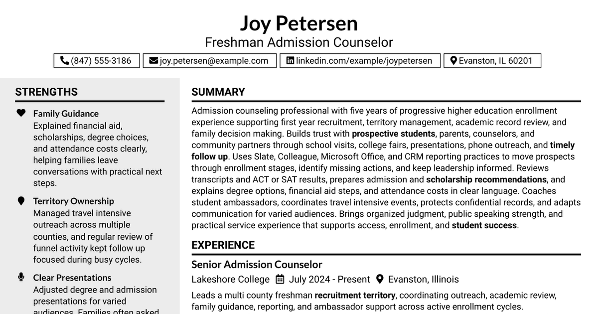7 Freshman Admission Counselor Resume Templates with Example