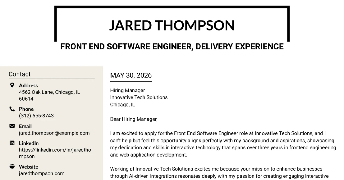30+ Front End Software Engineer, Delivery Experience Cover Letter Templates with Example 2026