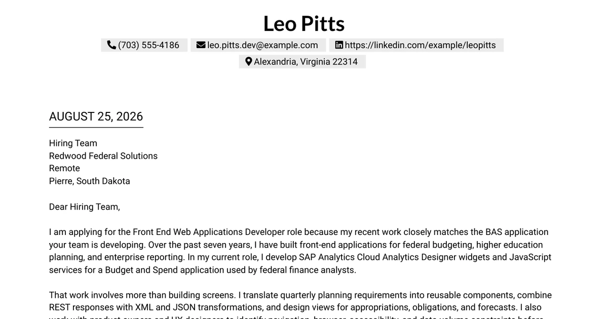 30+ Front End Web Applications Developer - Mid-Level JavaScript Cover Letter Templates with Example 2026