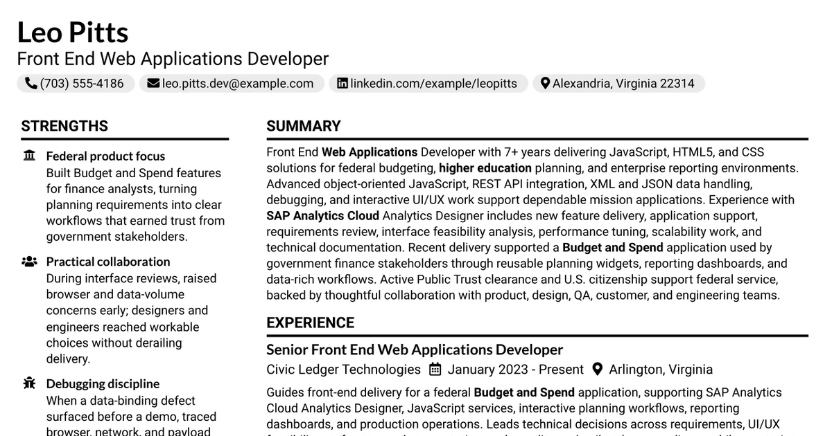 33 Front End Web Applications Developer - Mid-Level JavaScript Resume Templates with Example 2026 (ATS-Optimized)