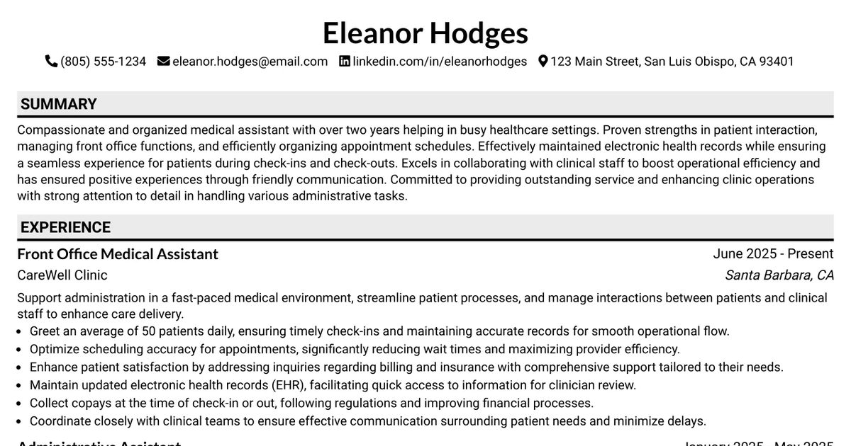 33 Front Office Medical Assistant Resume Templates with Example 2026 (ATS-Optimized)