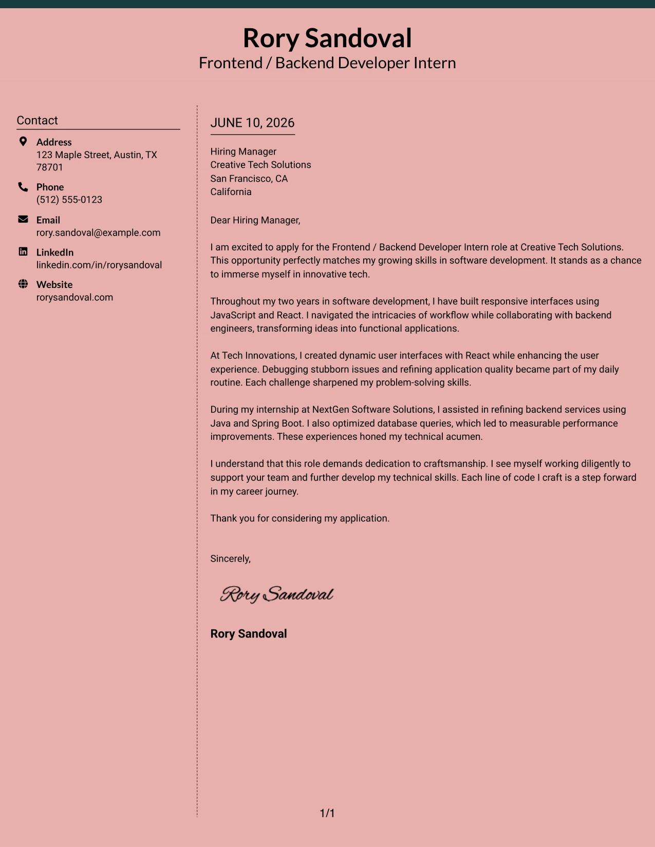 Resume Example Page 1