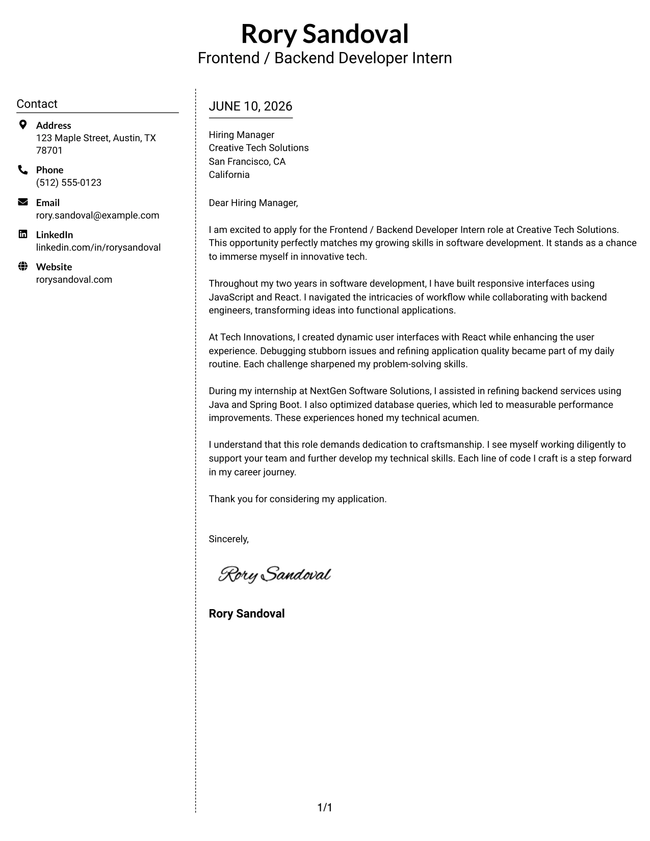 Resume Example Page 1