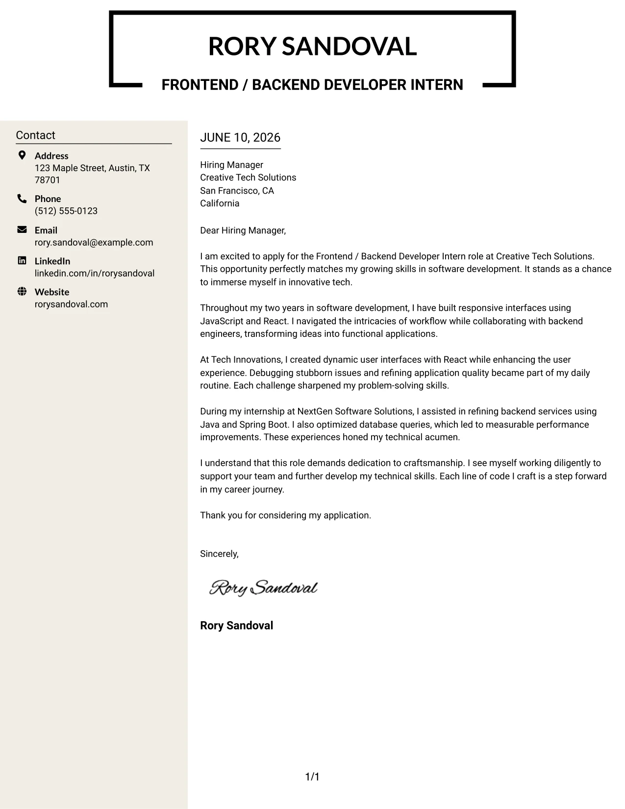Resume Example Page 1