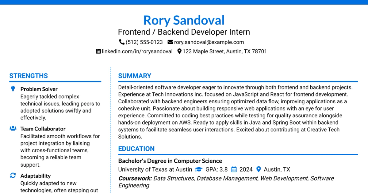 33 Frontend / Backend Developer Intern Resume Templates with Example 2026 (ATS-Optimized)