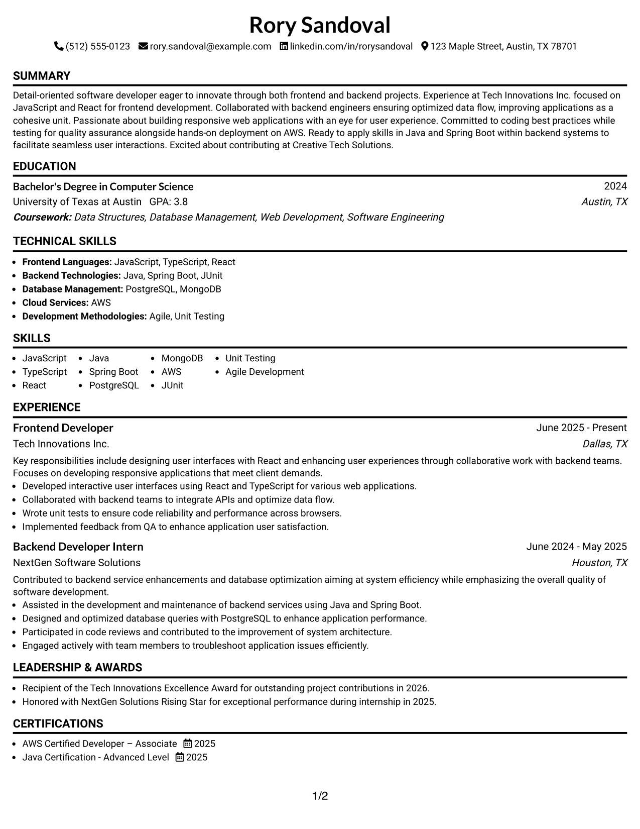 Resume Example Page 1