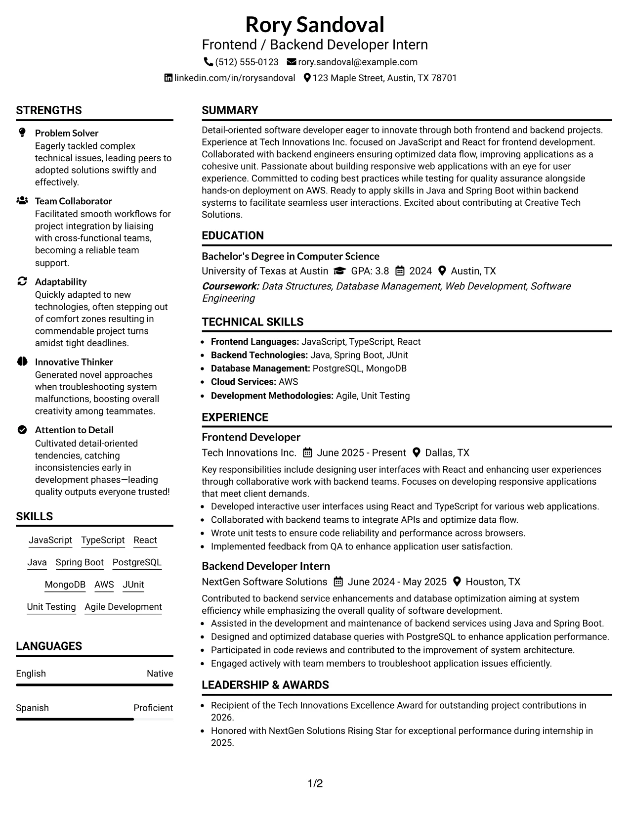 Resume Example Page 1