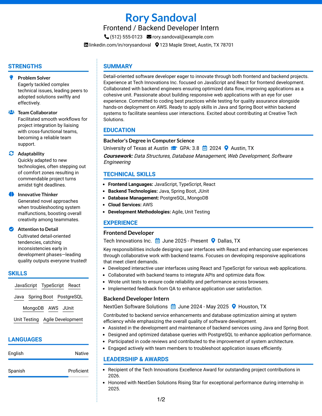 Resume Example Page 1