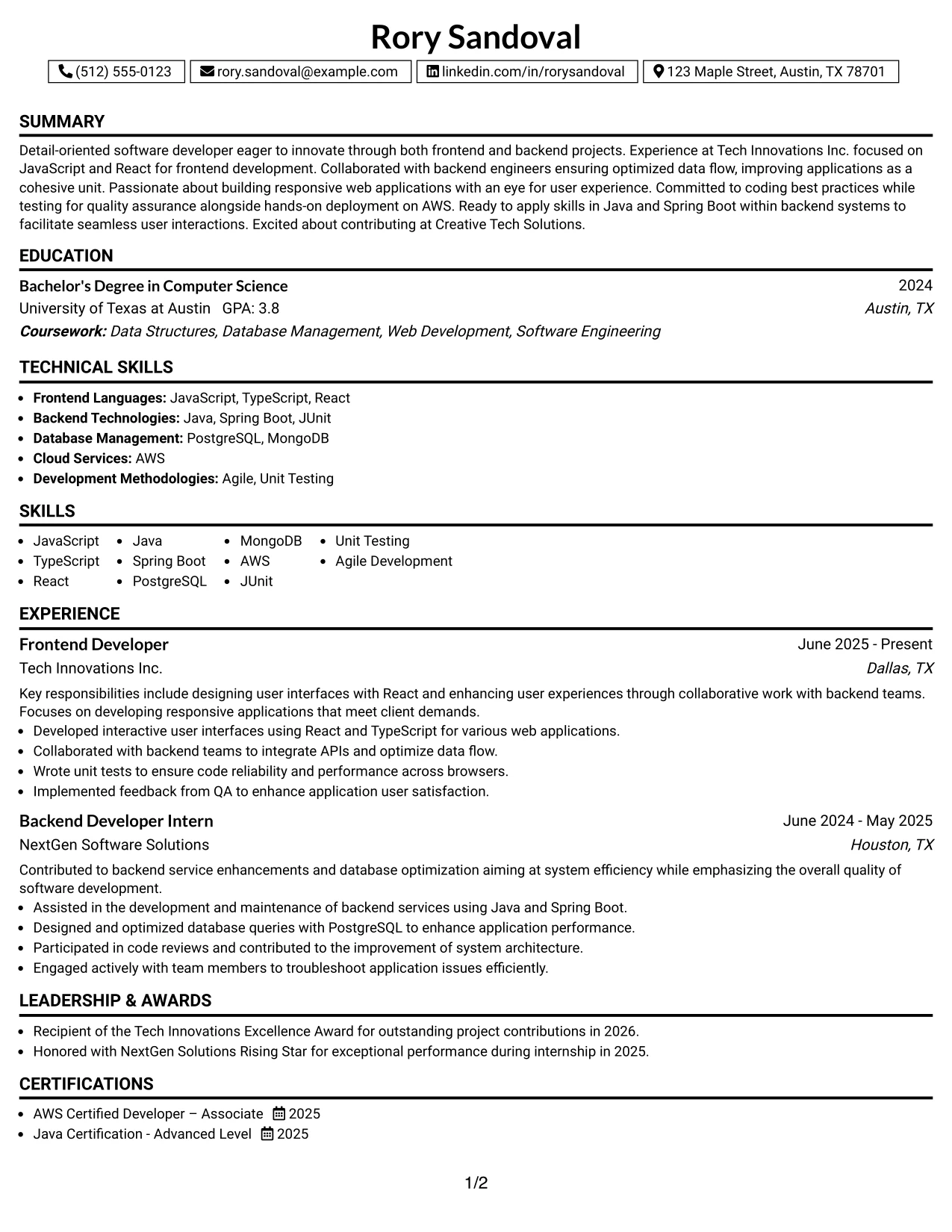 Resume Example Page 1