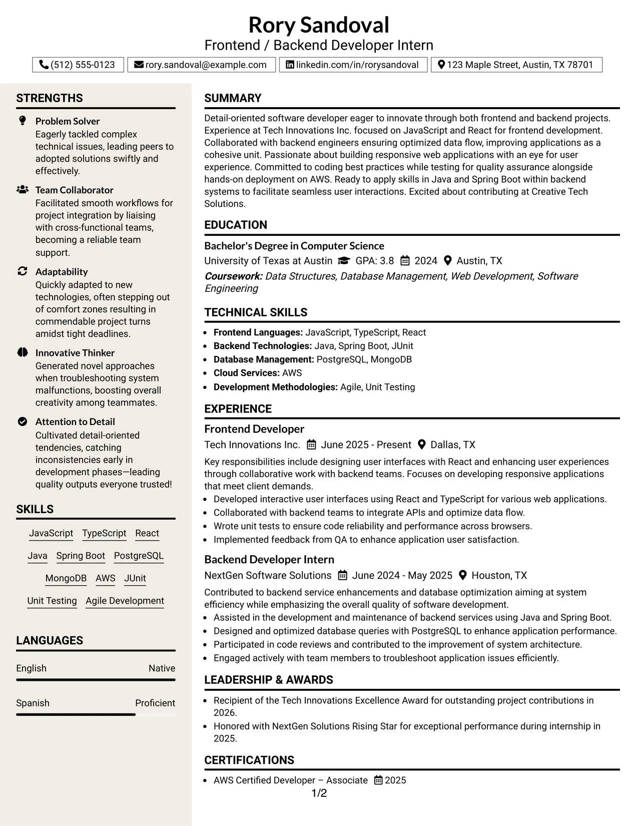 Resume Example Page 1
