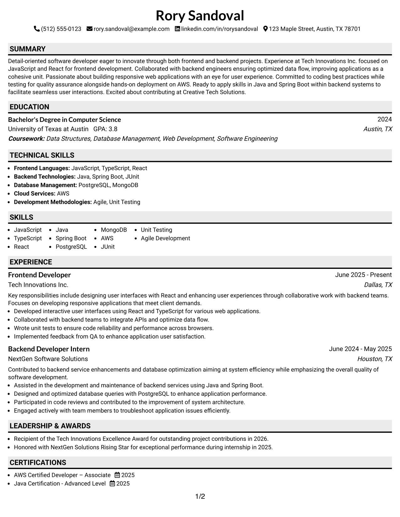 Resume Example Page 1