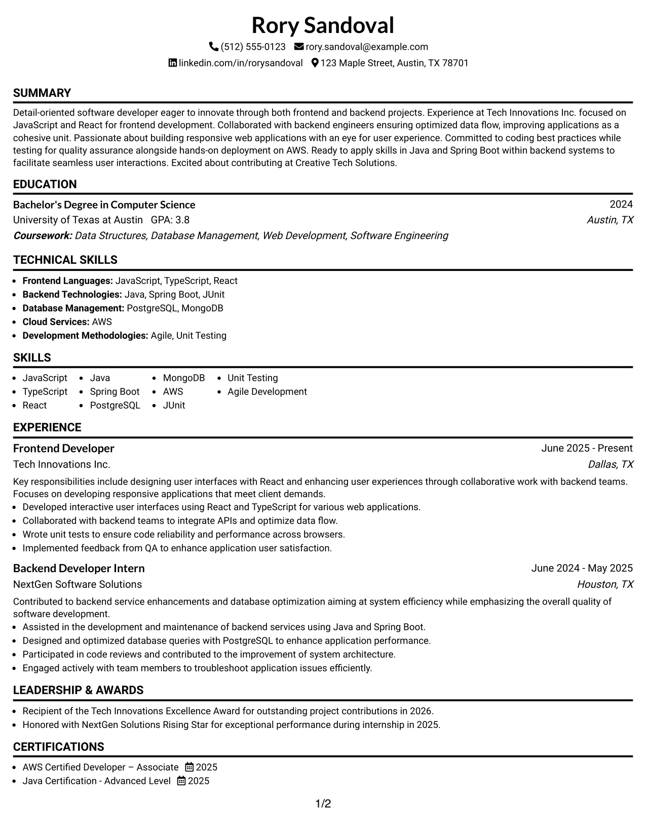 Resume Example Page 1