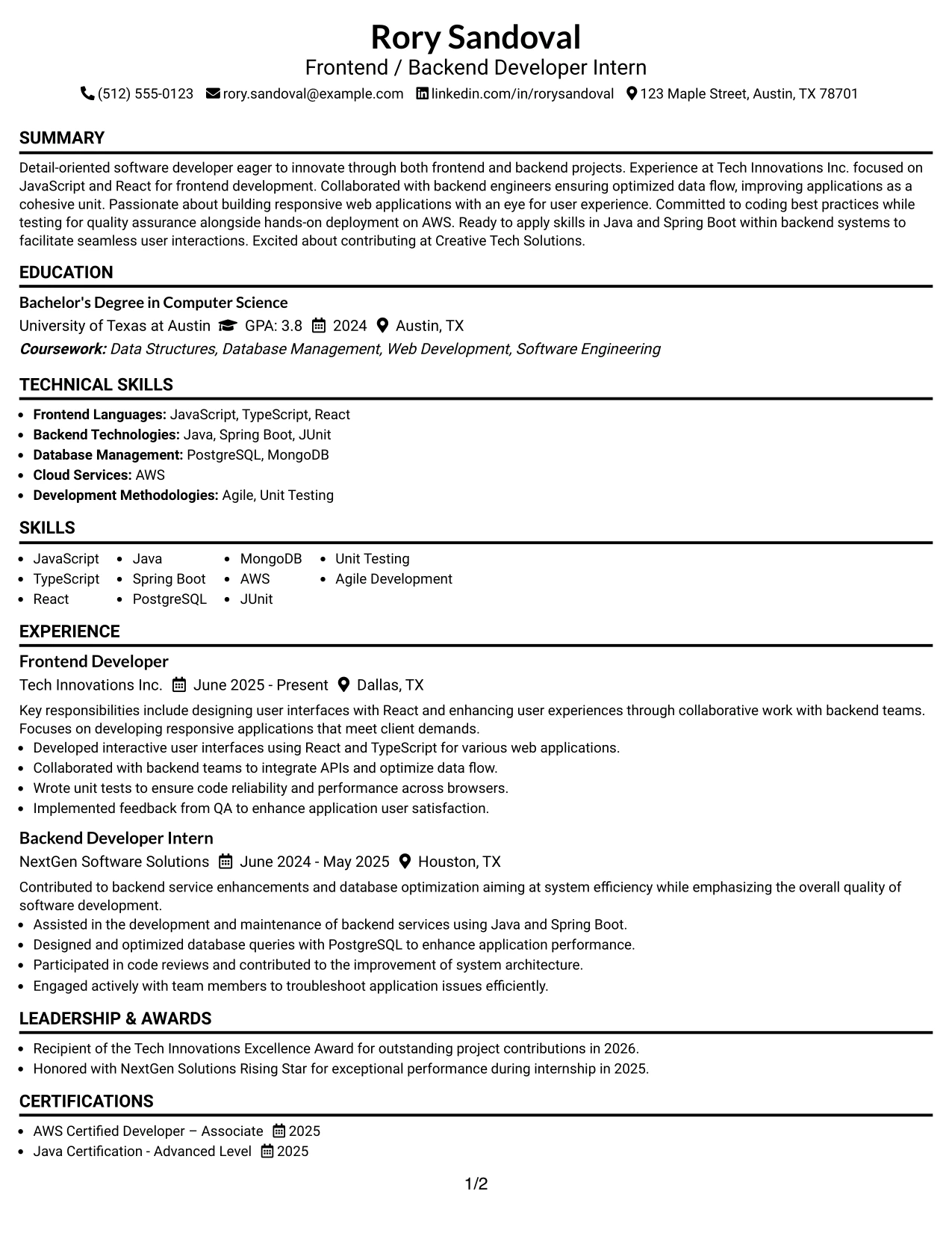 Resume Example Page 1