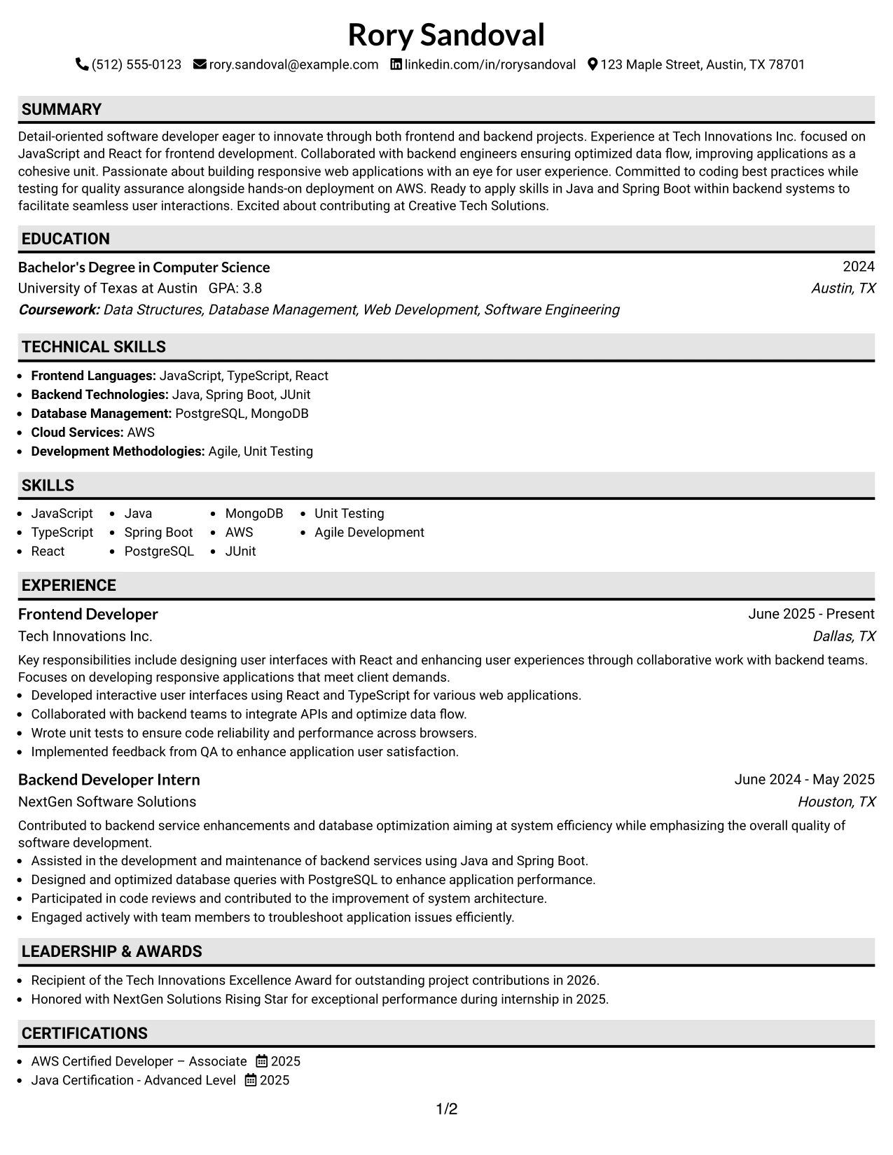 Resume Example Page 1