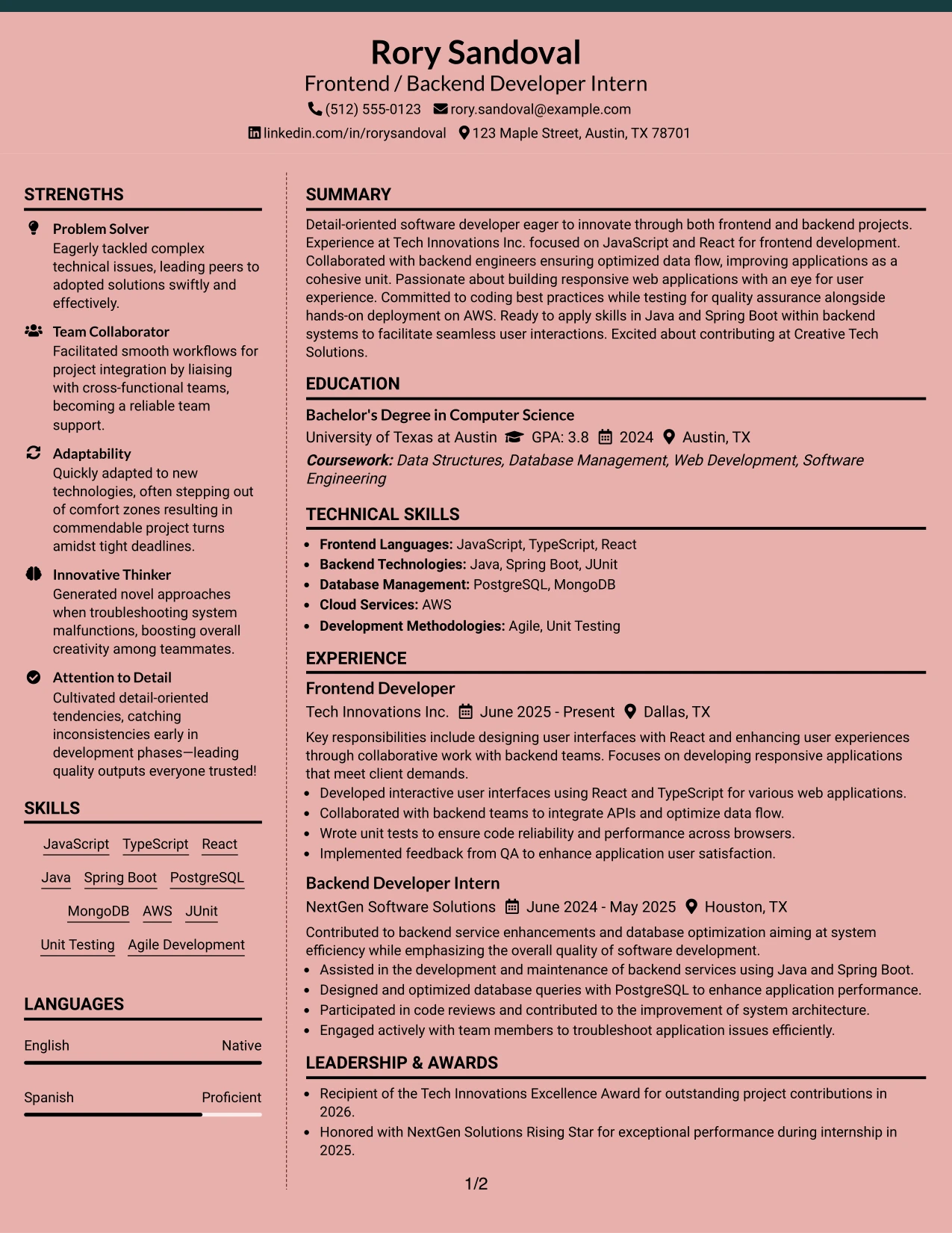 Resume Example Page 1