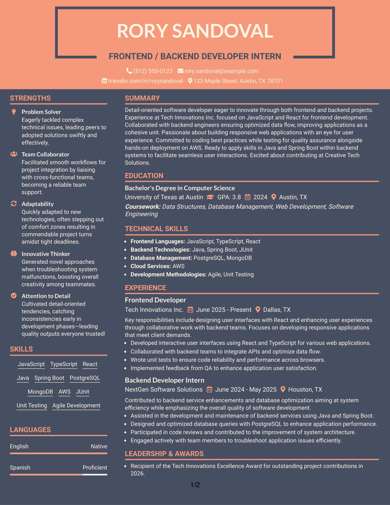 Resume Example Page 1