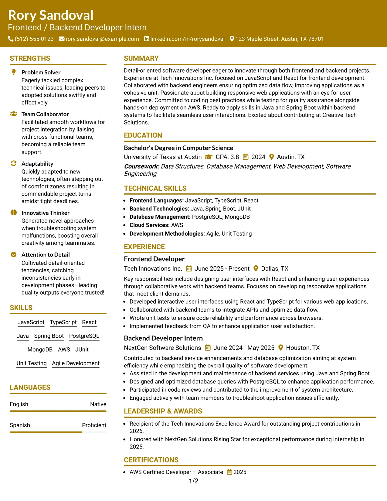 Resume Example Page 1