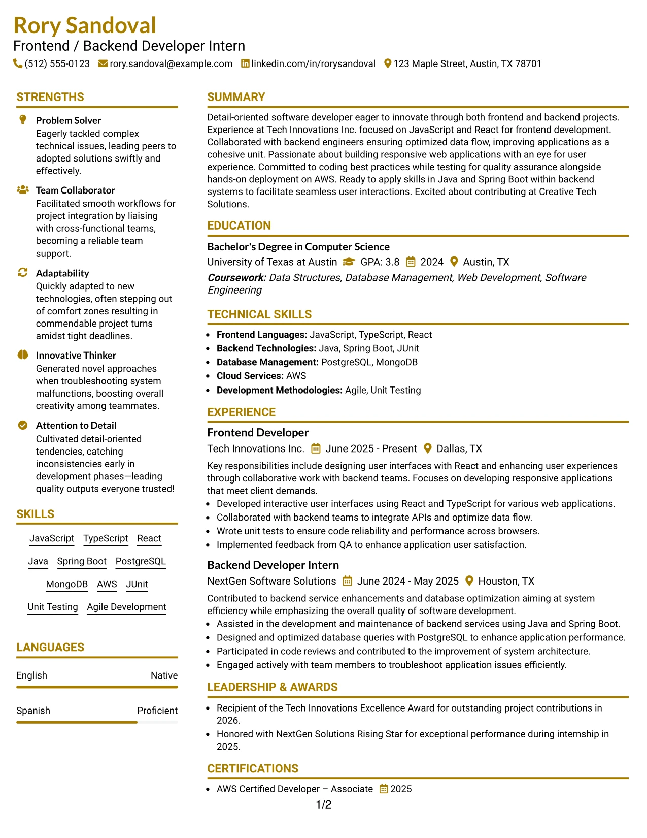 Resume Example Page 1