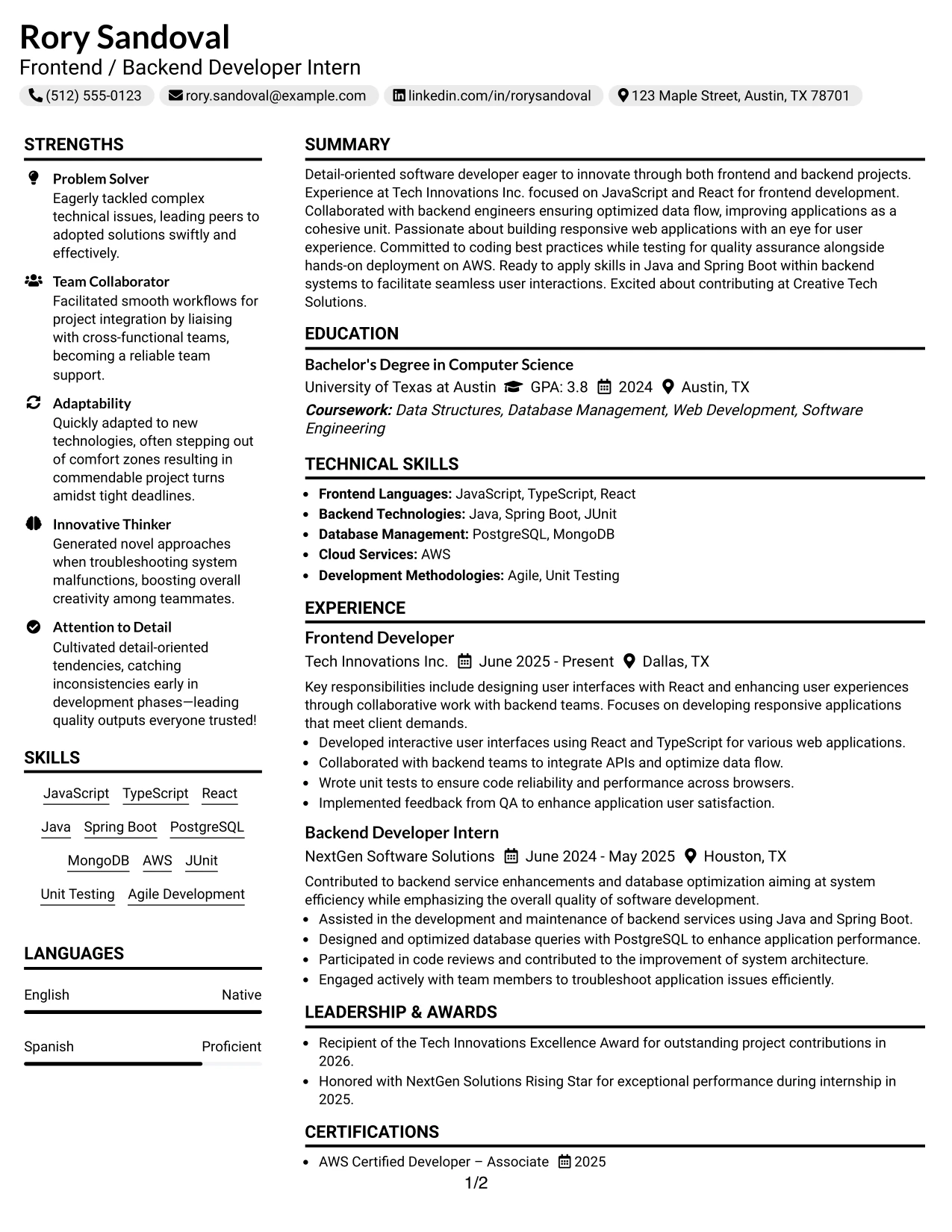 Resume Example Page 1
