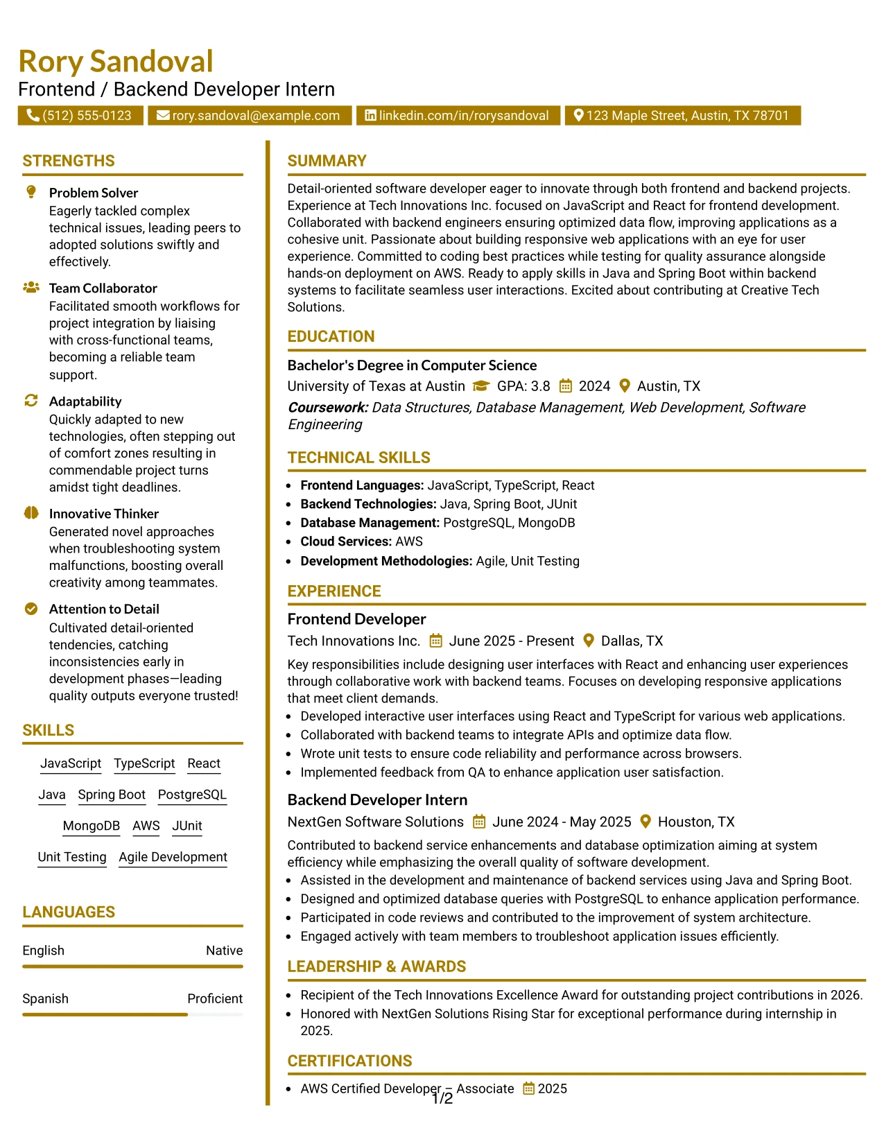 Resume Example Page 1
