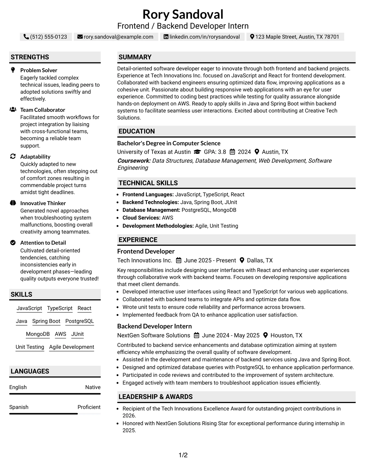 Resume Example Page 1