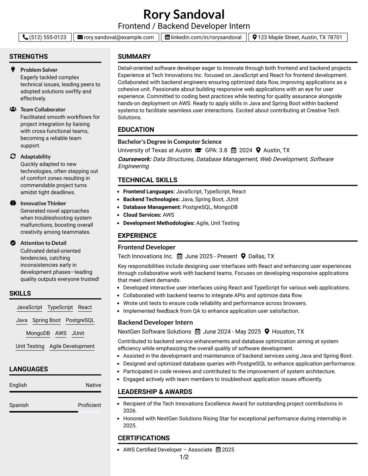 Resume Example Page 1