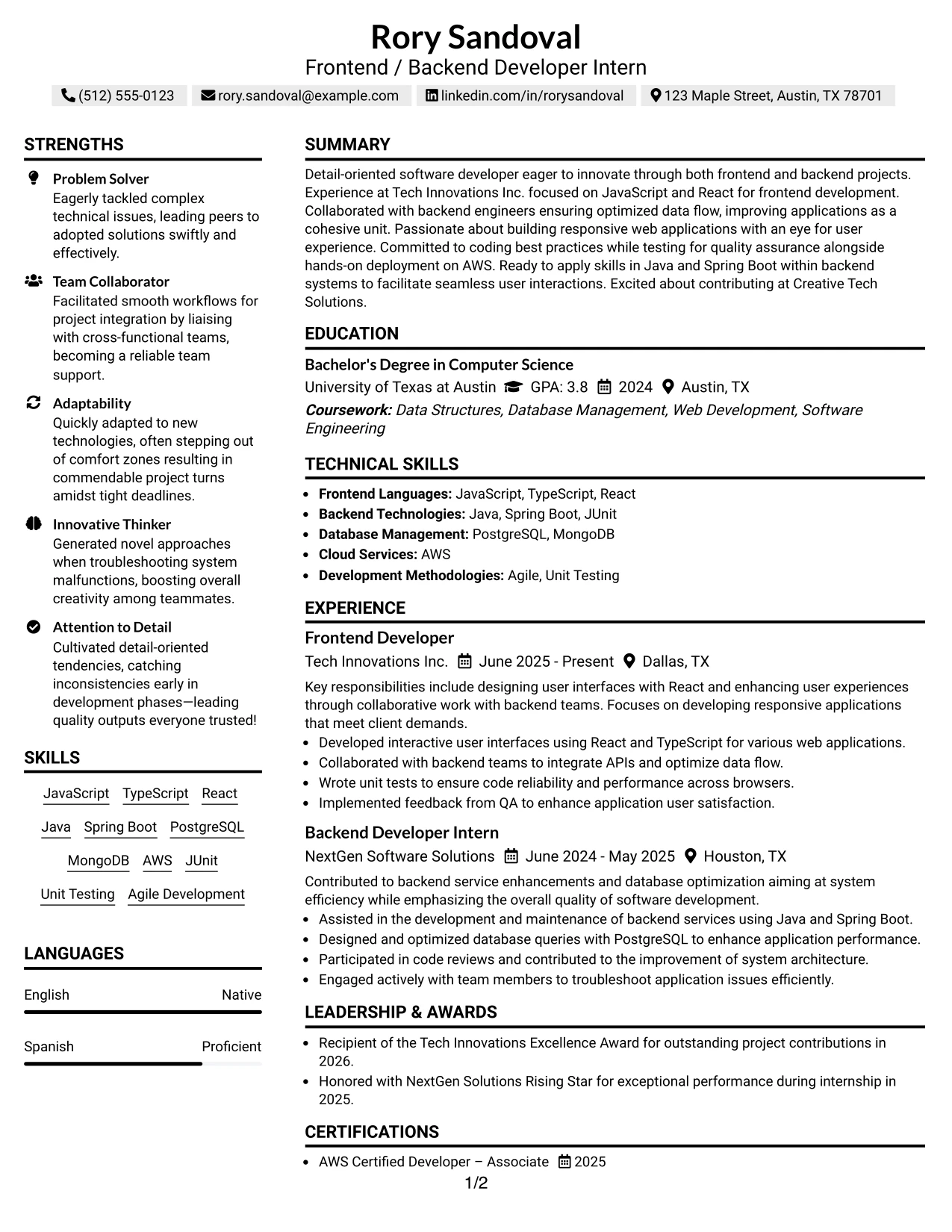 Resume Example Page 1