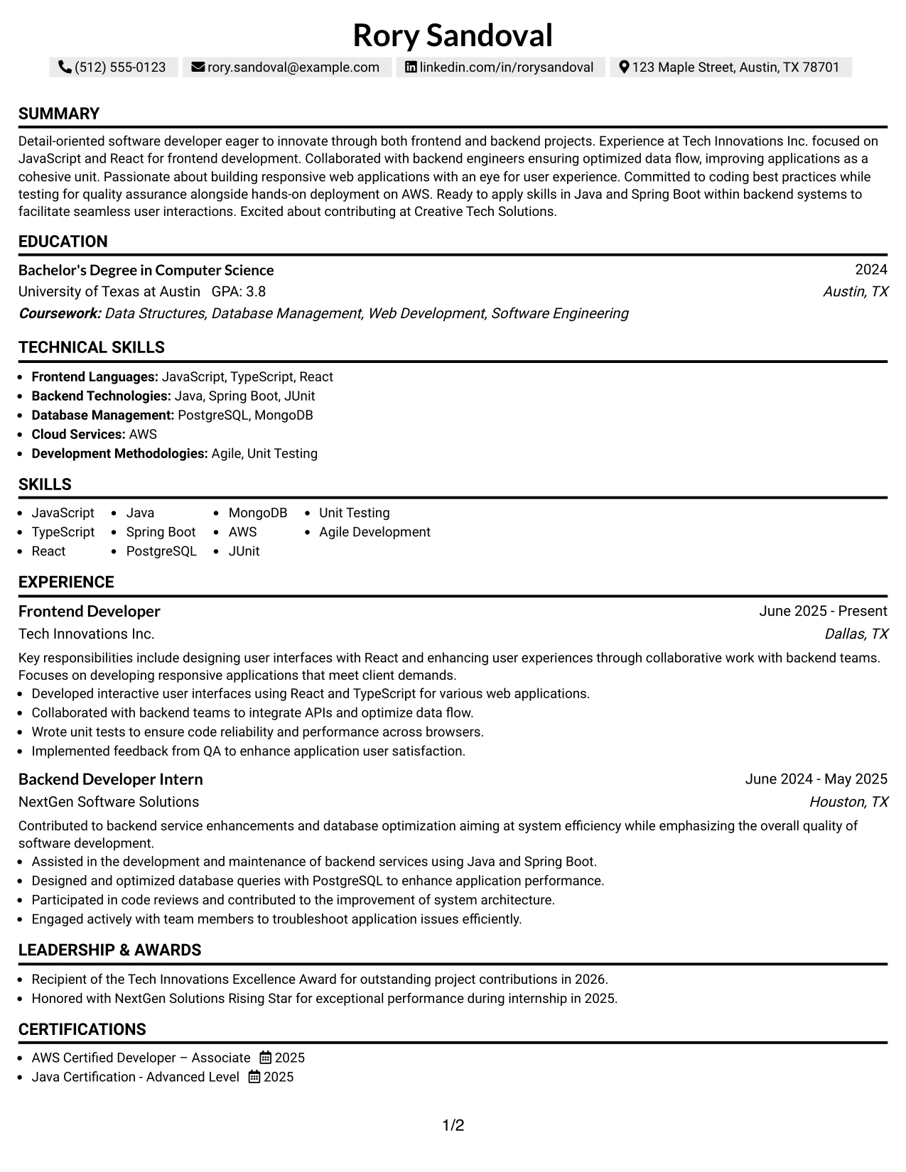 Resume Example Page 1