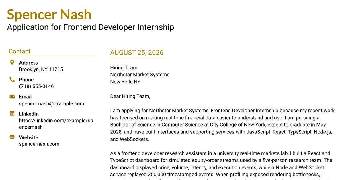 30+ Frontend Developer Internship - JavaScript Cover Letter Templates with Example 2026