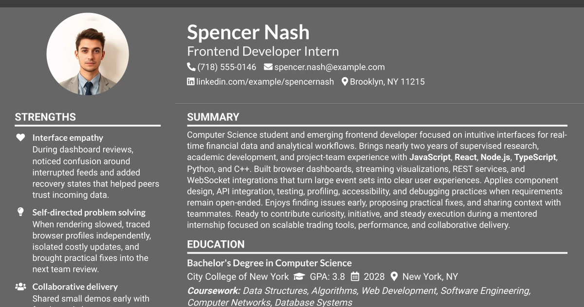33 Frontend Developer Internship - JavaScript Resume Templates with Example 2026 (ATS-Optimized)