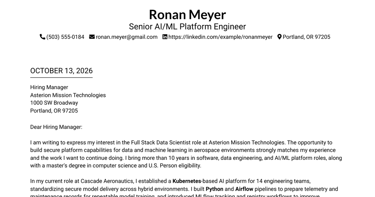 7 Full Stack Data Scientist - AI/ML Platform Engineering Cover Letter Templates with Example