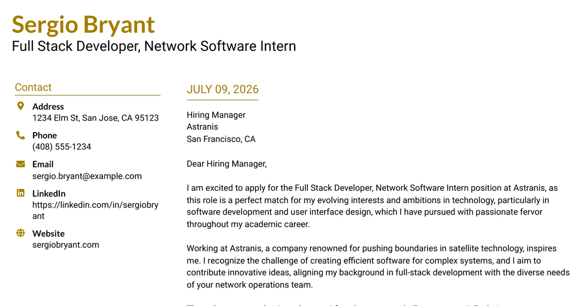 30+ Full Stack Developer, Network Software Intern Cover Letter Templates with Example 2026