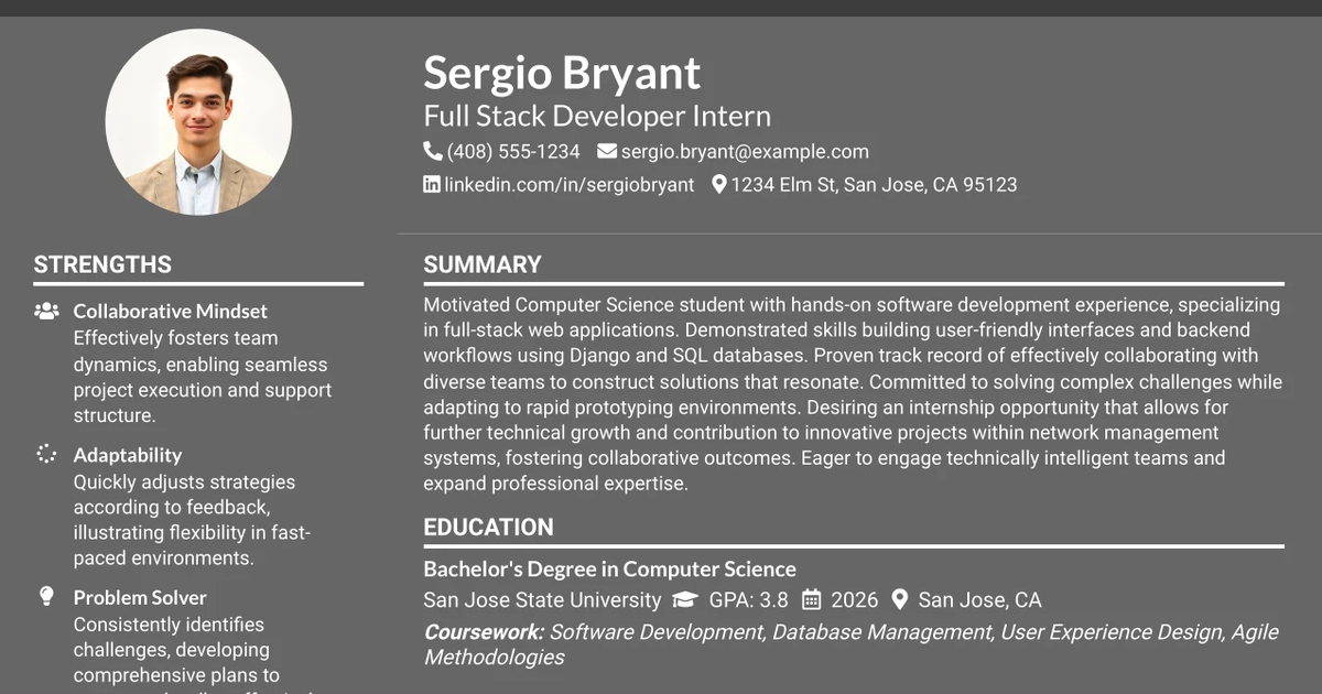 33 Full Stack Developer, Network Software Intern Resume Templates with Example 2026 (ATS-Optimized)