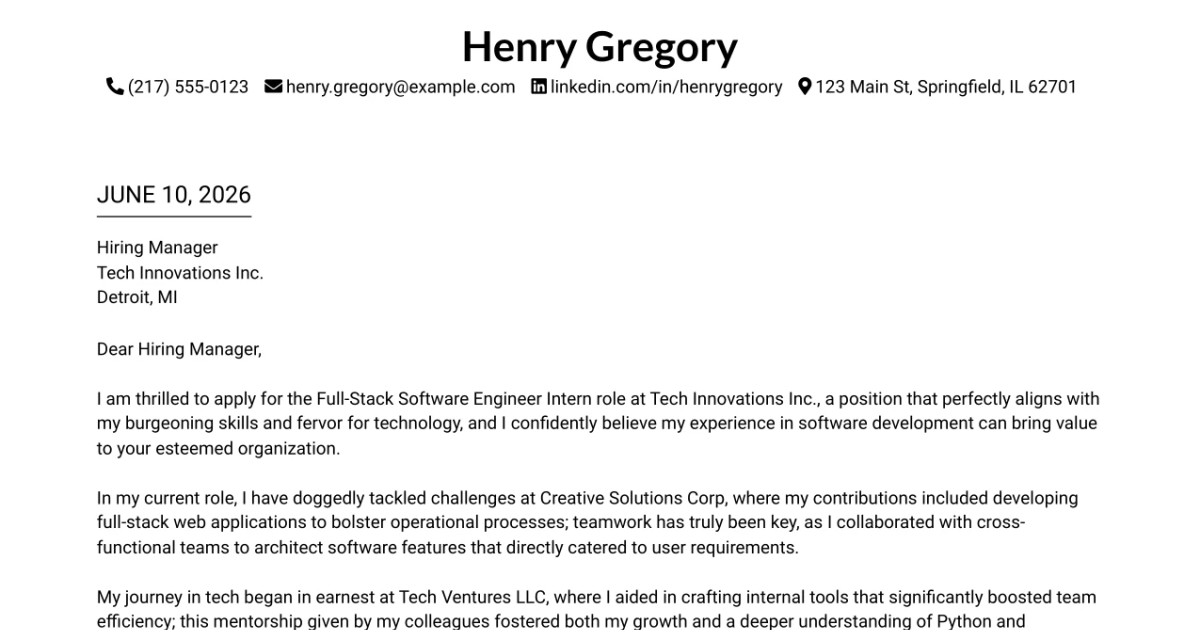 30+ Full-Stack Software Engineer Intern Cover Letter Templates with Example 2026