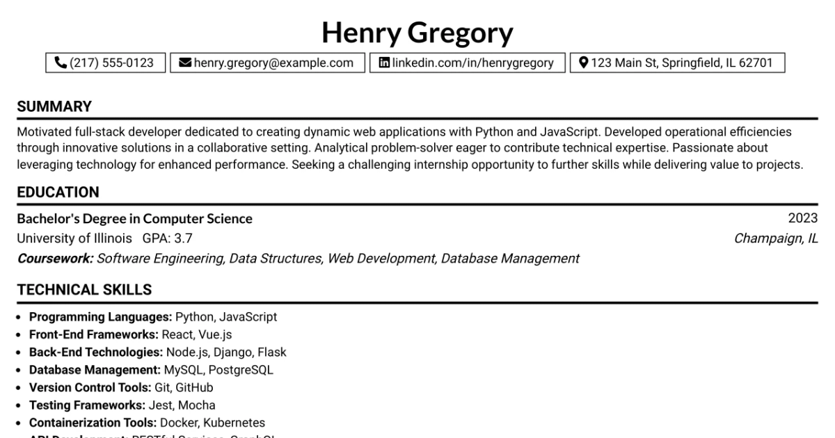 33 Full-Stack Software Engineer Intern Resume Templates with Example 2026 (ATS-Optimized)