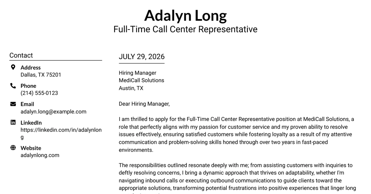 30+ Full-Time Call Center Representative Cover Letter Templates with Example 2026