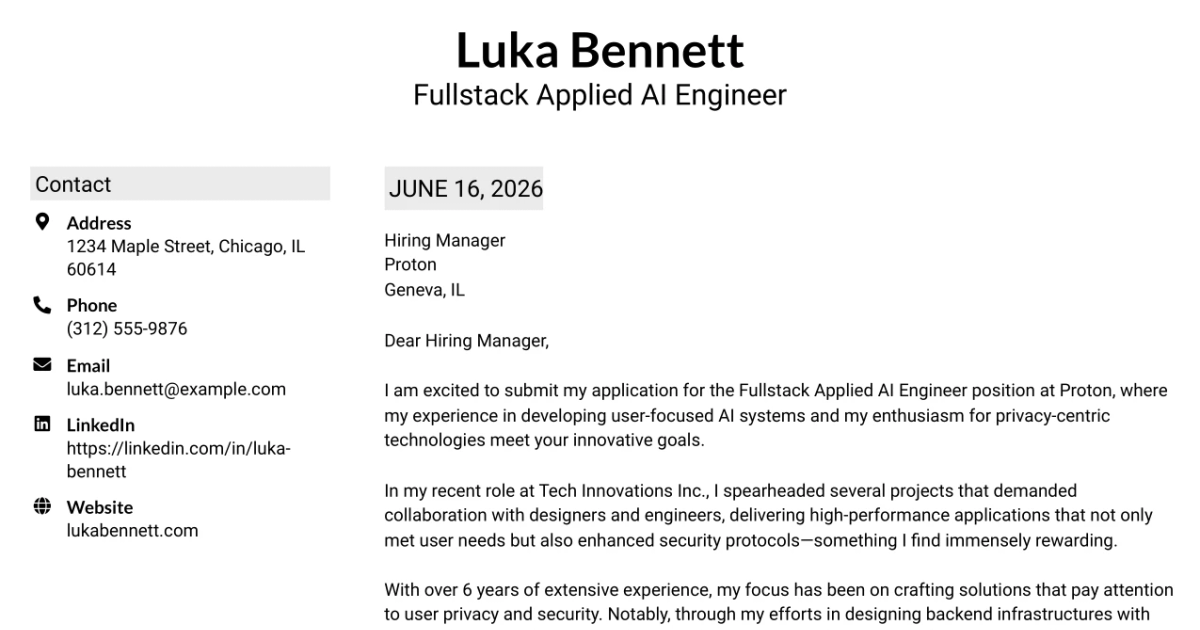 30+ Fullstack Applied AI Engineer Cover Letter Templates with Example 2026