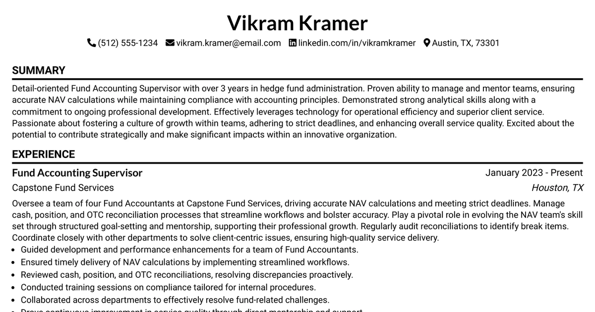 33 Fund Accounting Supervisor Resume Templates with Example 2026 (ATS-Optimized)