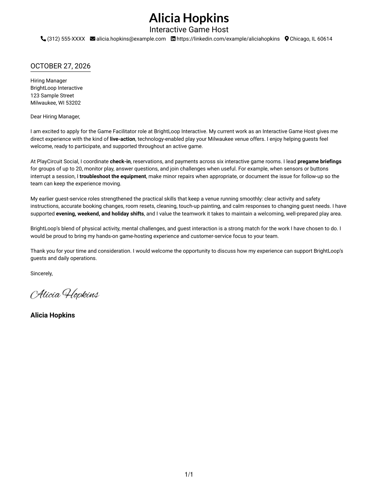 Cover letter example — page 1