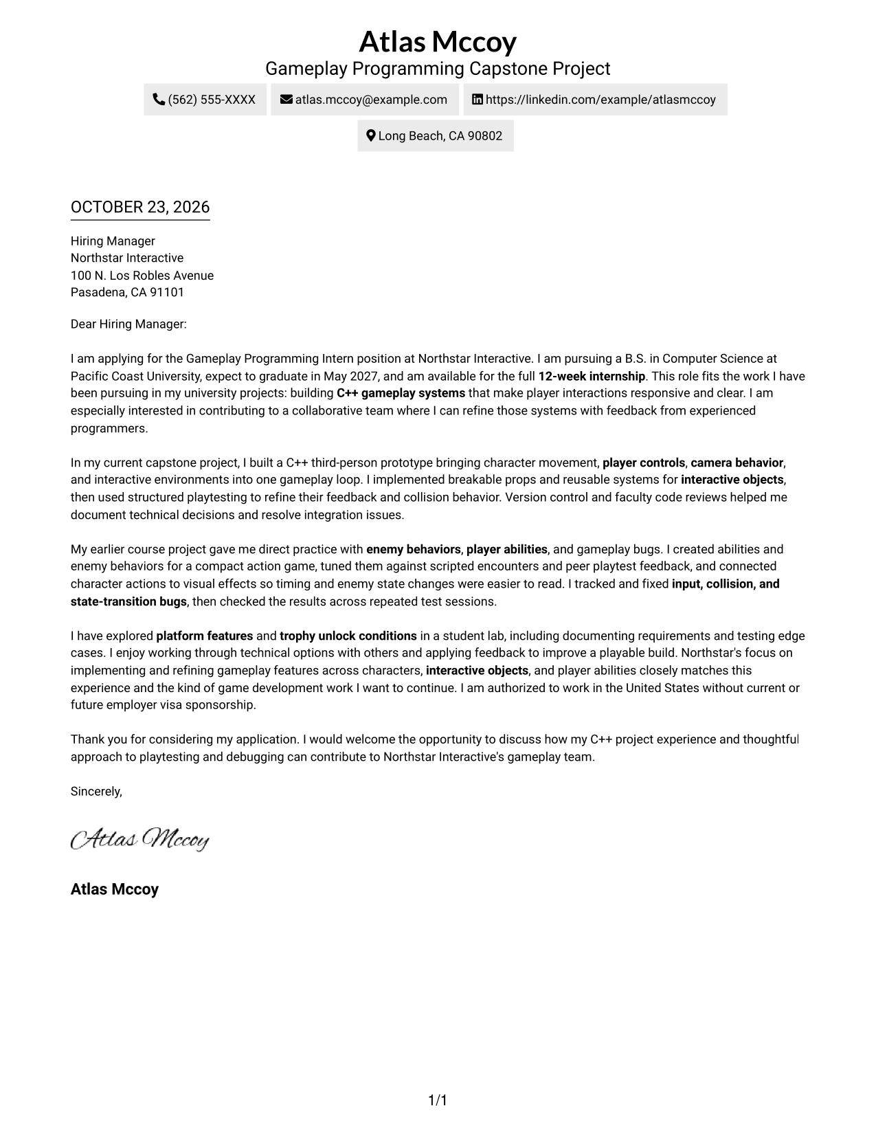 Cover letter example — page 1