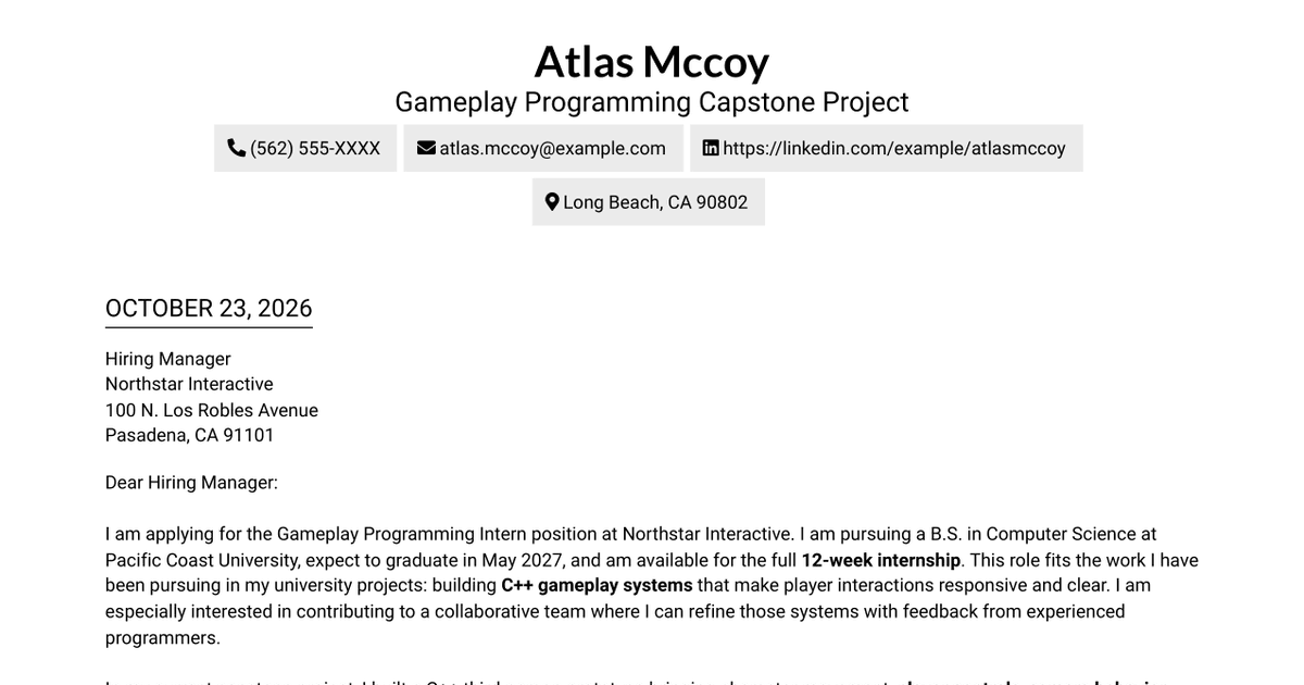 7 Gameplay Programming Intern - Gameplay Systems Cover Letter Templates with Example