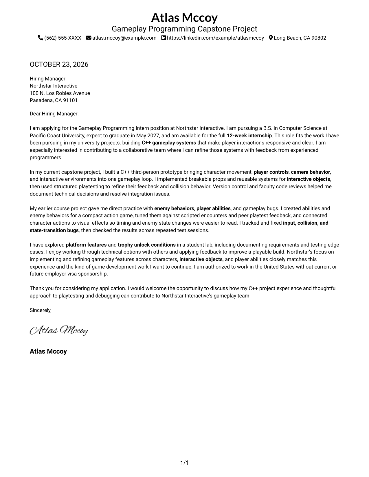 Cover letter example — page 1