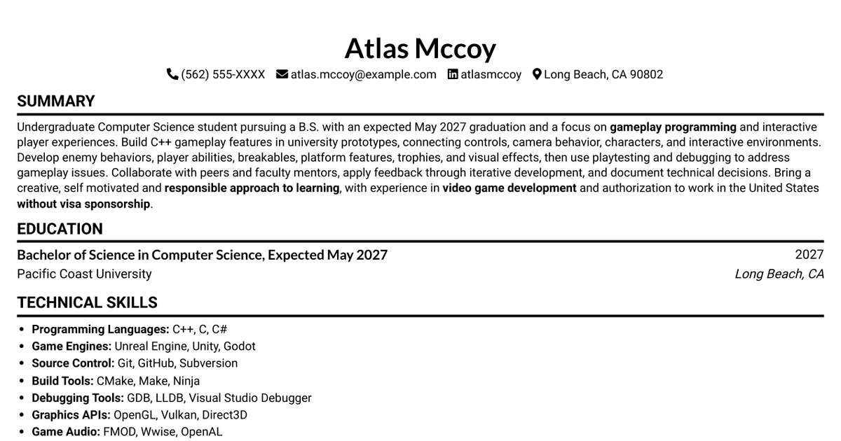 7 Gameplay Programming Intern - Gameplay Systems Resume Templates with Example