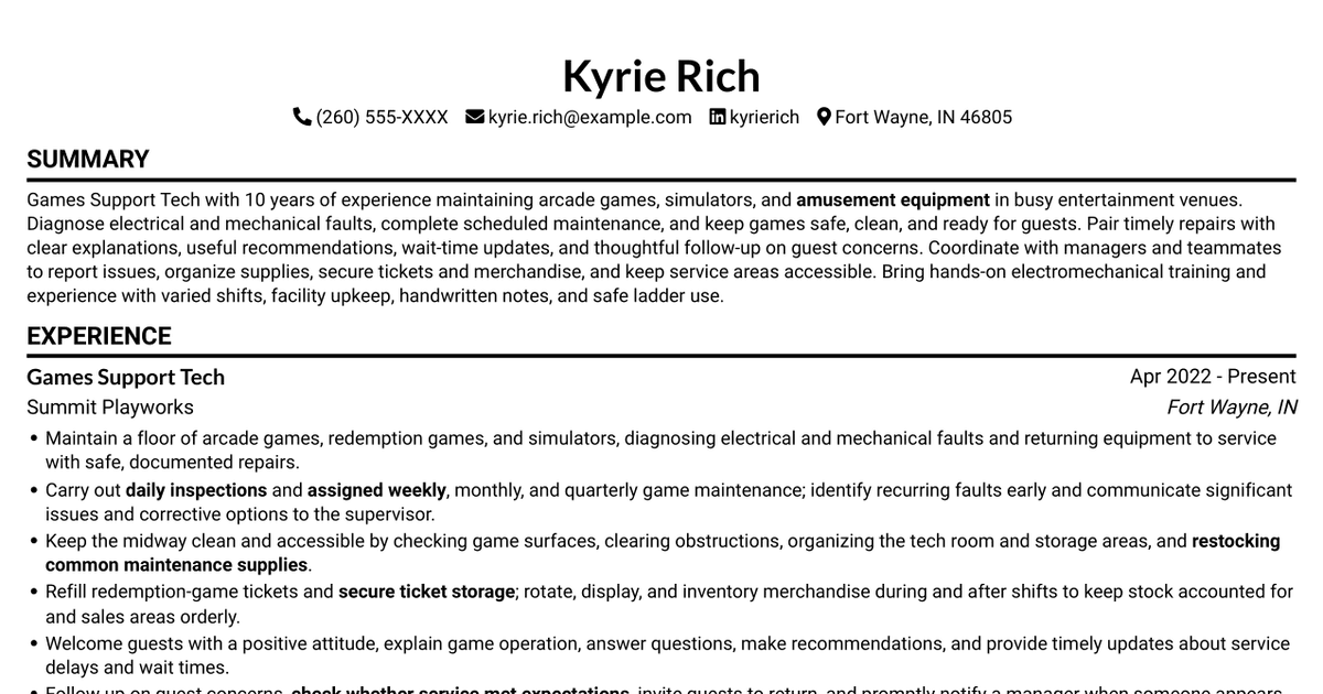 7 Games Support Tech - Amusement Equipment Maintenance Resume Templates with Example